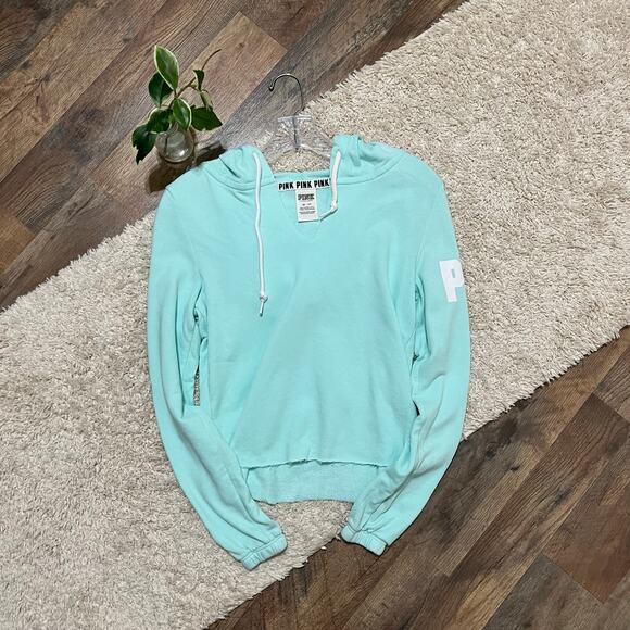 Victoria's Secret Size XS Mint Green White V Neck Cropped Hoodie Sweatshirt - Picture 1 of 4
